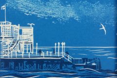 At the End of the Pier: Limited edition reduction linocut Edition of 16, image measures 14 x 15cm SOLD OUT