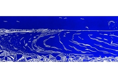 Goring Beach: Limited edition linocut. Edition of 30, image measures 39 x 12cm.