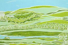 Lancing College and the South Downs: Limited edition reduction linocut.  Edition of 9, image measures 40 x 13cm