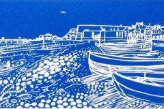 Worthing Beach and Fishing Boats: Limited edition linocut Edition of 30, image measures 41 x 13cm